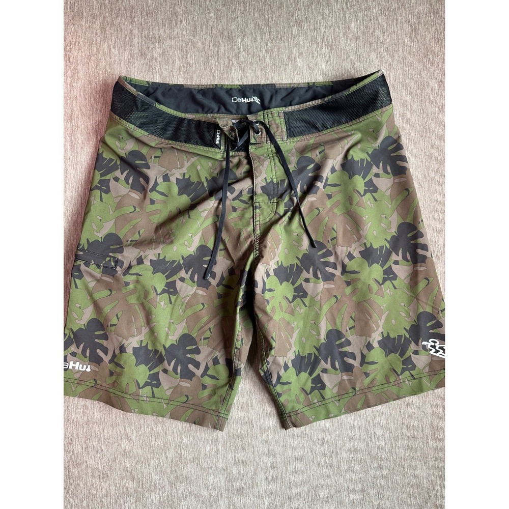 Da Hui Mens Board Shorts Green Brown Monstera Leaf Camo Swim Trunks Size 38